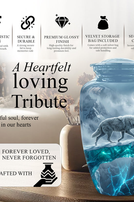 White Wolf In Snow Themed Urn - Classic Custom Urns For Human Ashes
