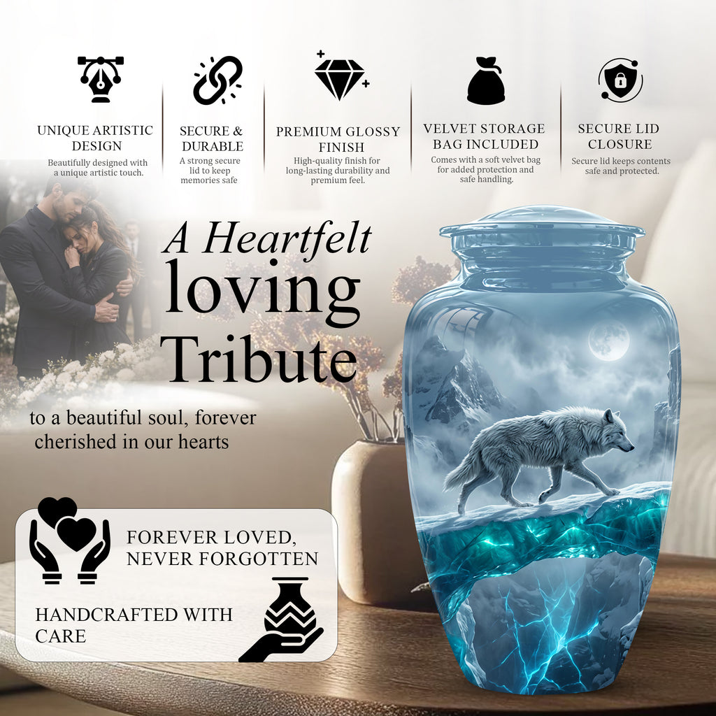 White Wolf In Snow Themed Urn - Classic Custom Urns For Human Ashes