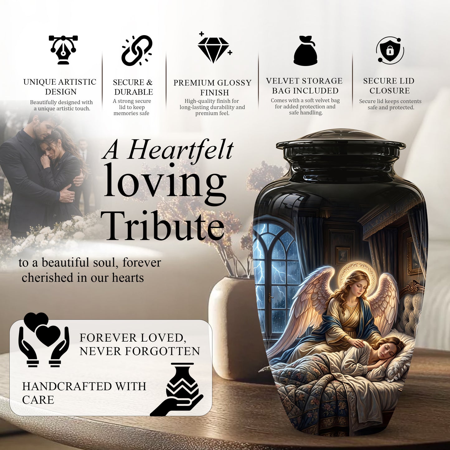Angel Mom Cremation Urn - Black Memorial Urns For Mother Ashes
