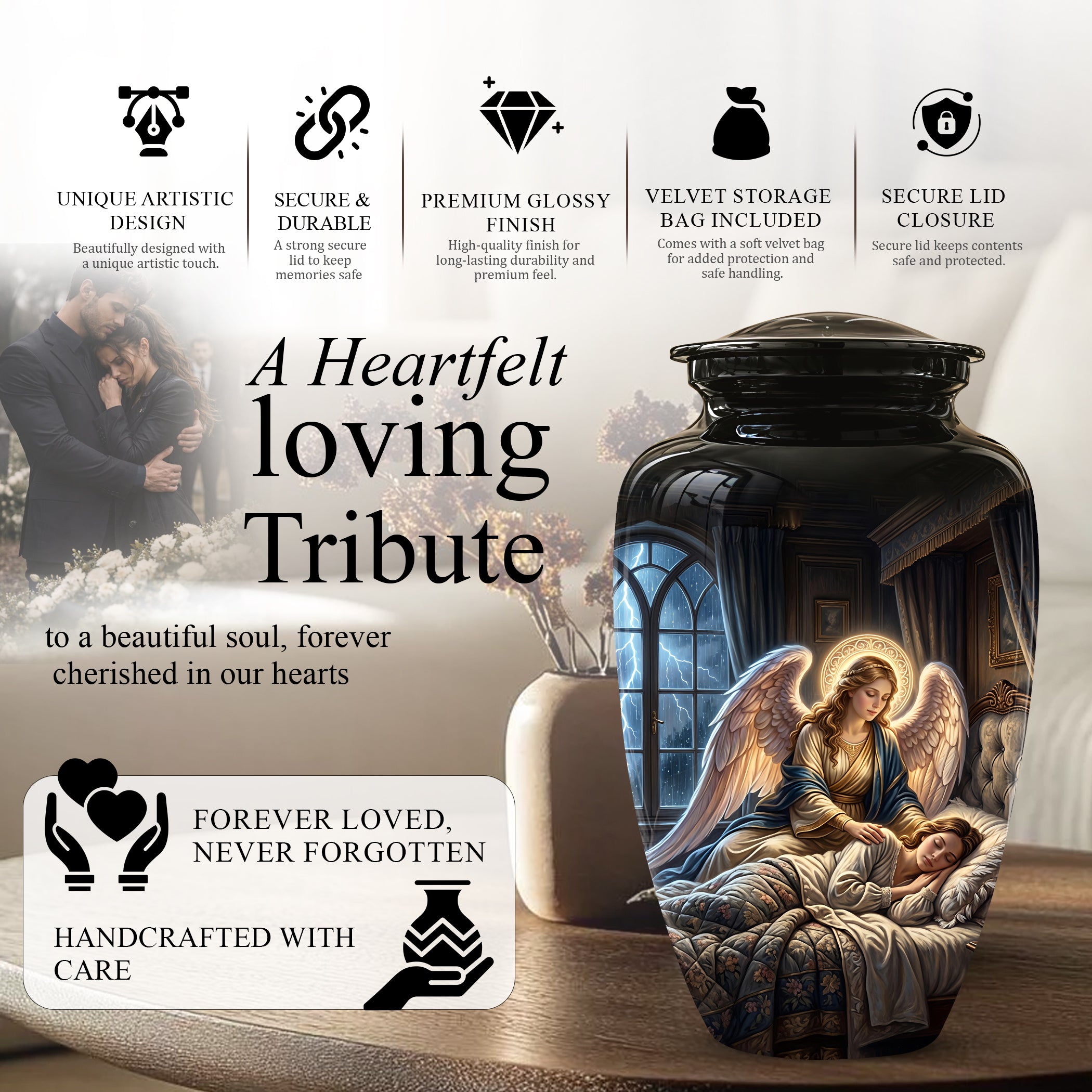 Angel Mom Cremation Urn - Black Memorial Urns For Mother Ashes