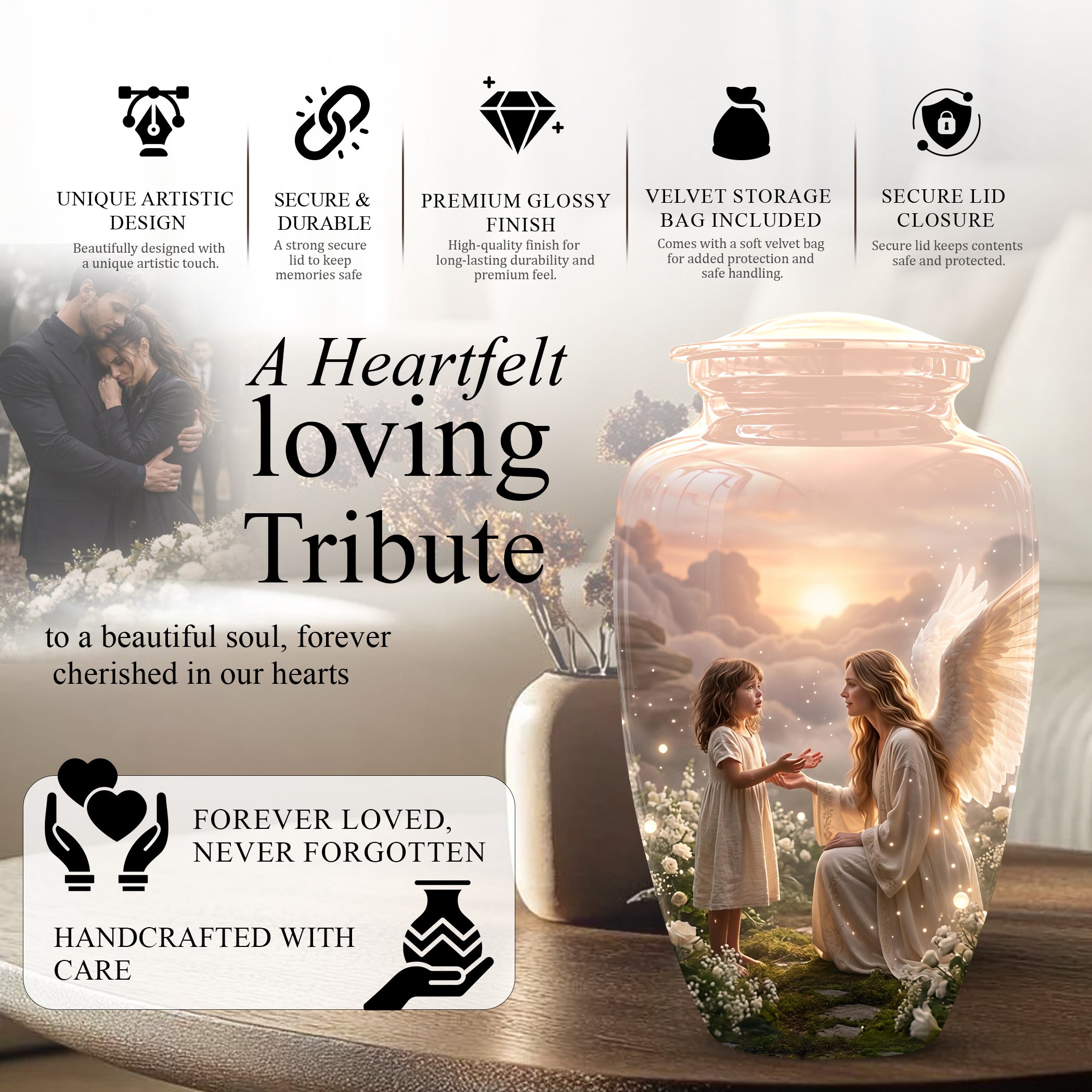 Angel Mom With Girl Child - Beautiful Artistic Custom Urns For Mom Ashes