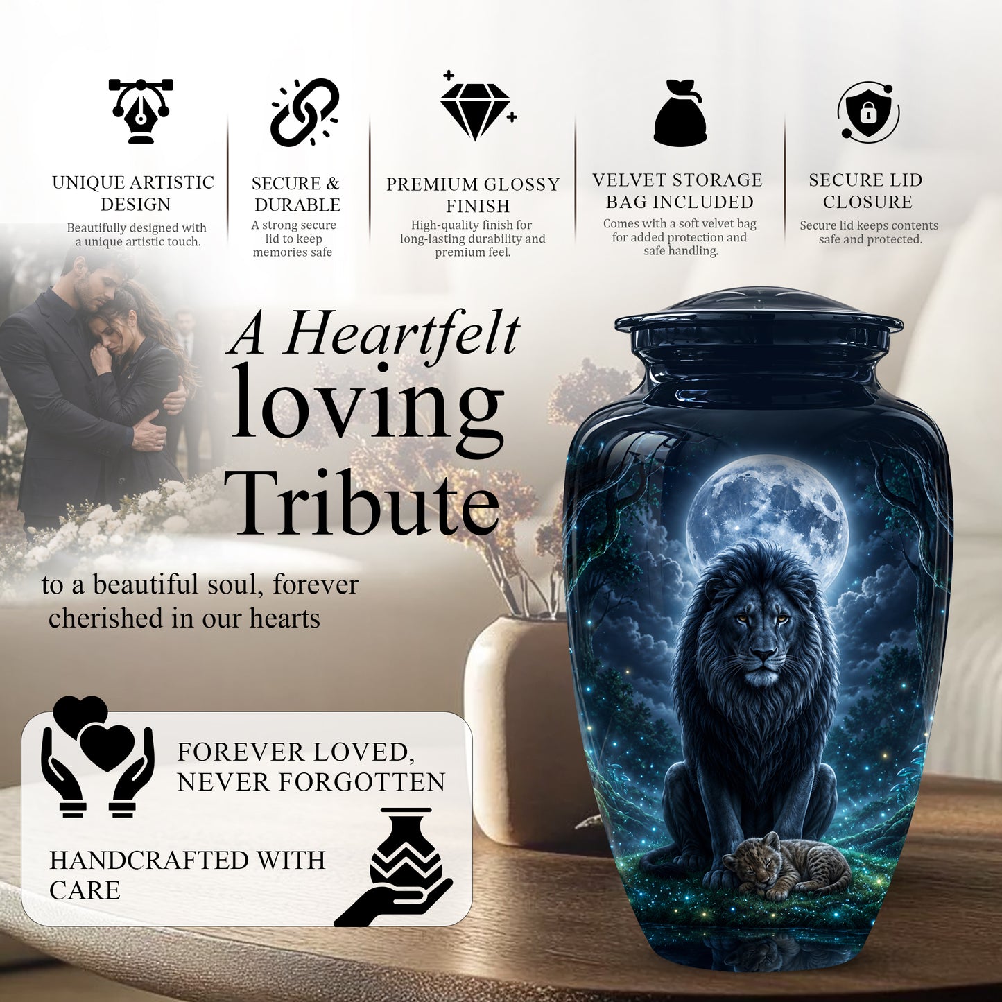 Lion And Moon Memorial Urn - Lion Adult Male Funeral Urns For Ashes