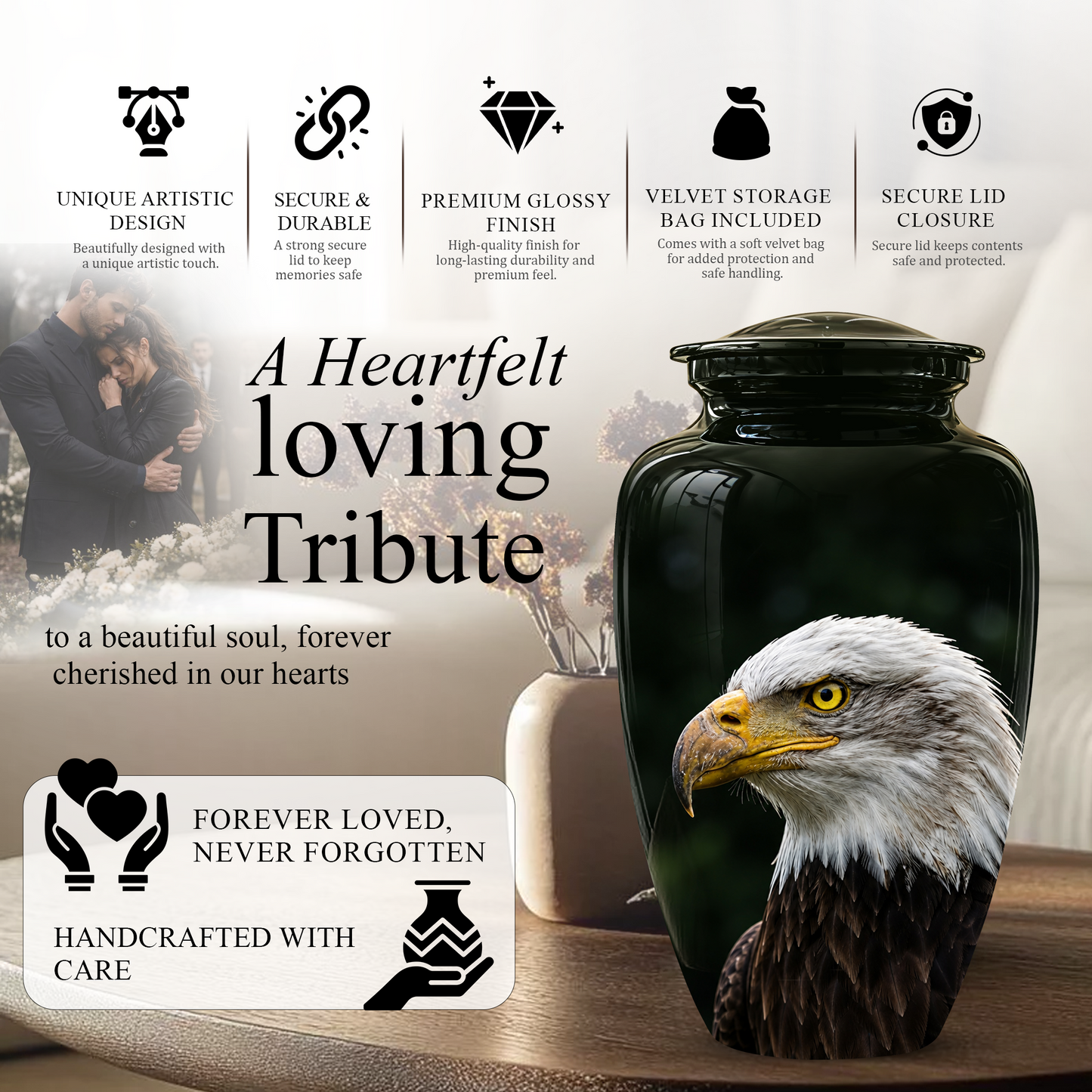 Patriotic Eagle Cremation Urn - Black Memorial Father Urns For Ashes