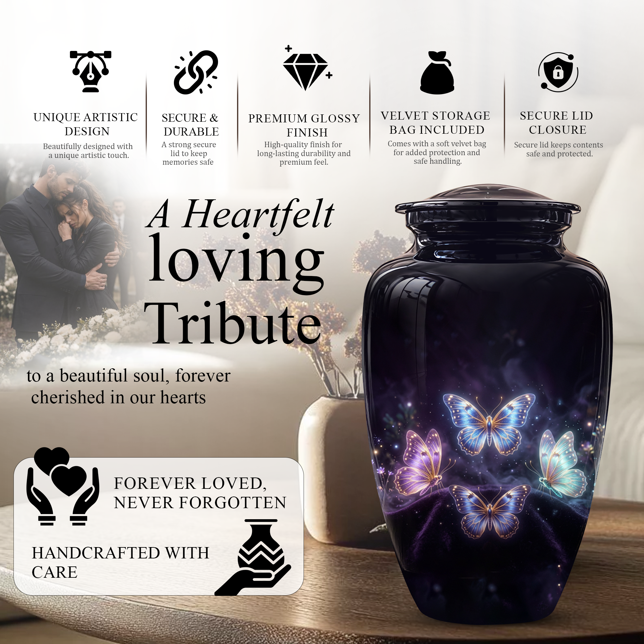 Flying Butterfly Urns For Mom Ashes - Handcrafted Black Cremation Urns