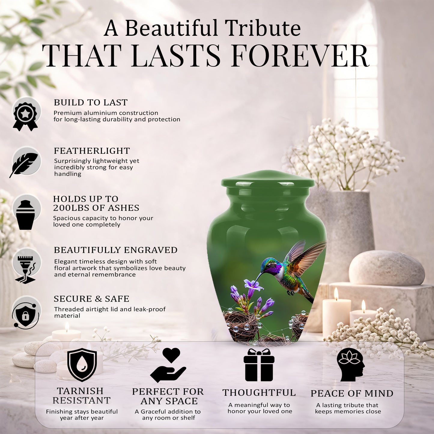 Colorful Hummingbird Memorial Urn - Green Burial Urns For Women Ashes