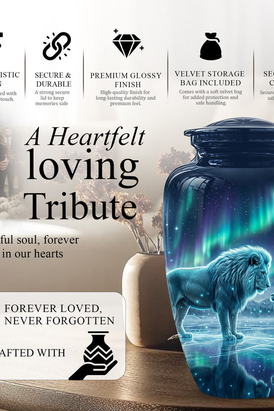 Lion & Cub Aurora Borealis Urn - Personalized Lion Urns For Human Ashes