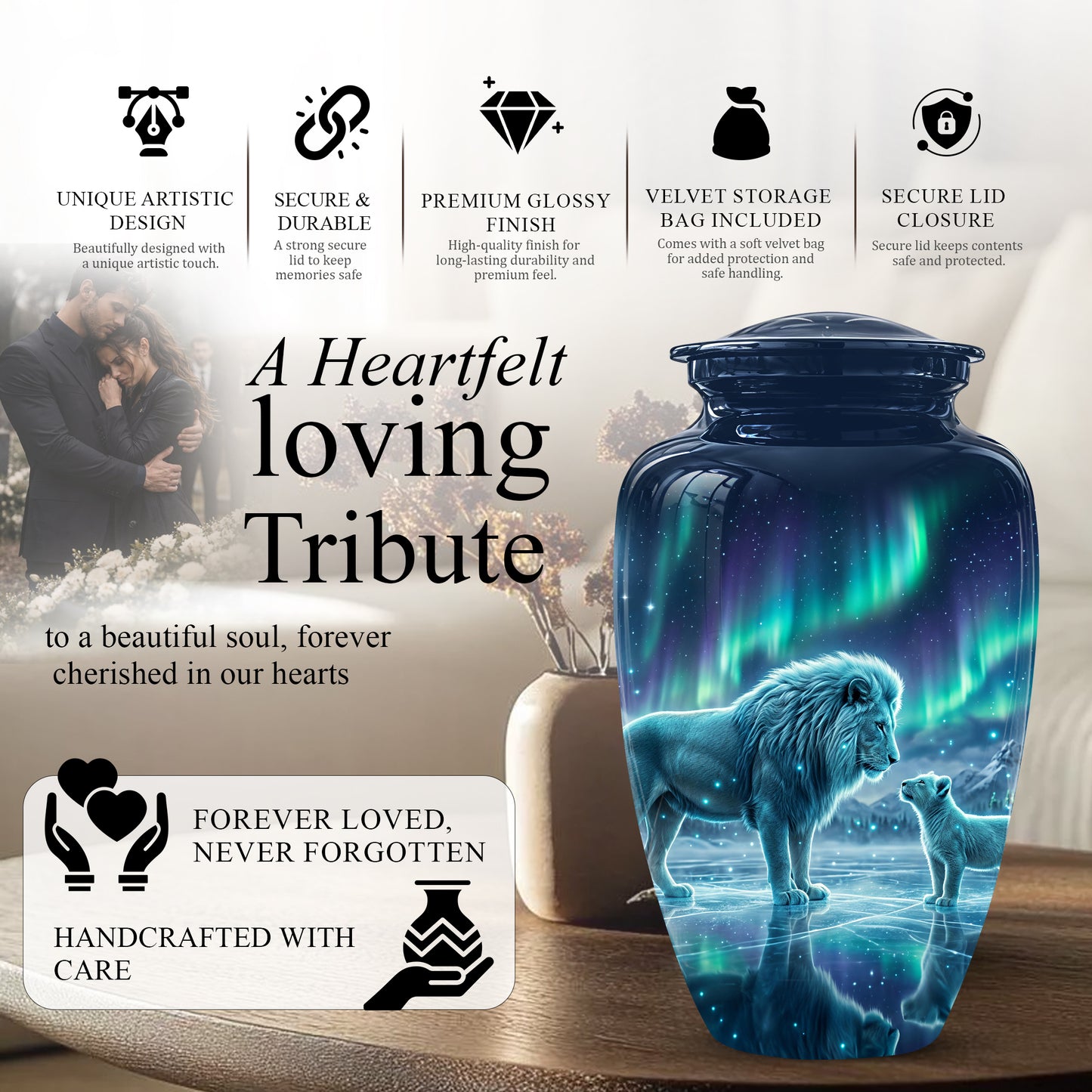 Lion & Cub Aurora Borealis Urn - Personalized Lion Urns For Human Ashes