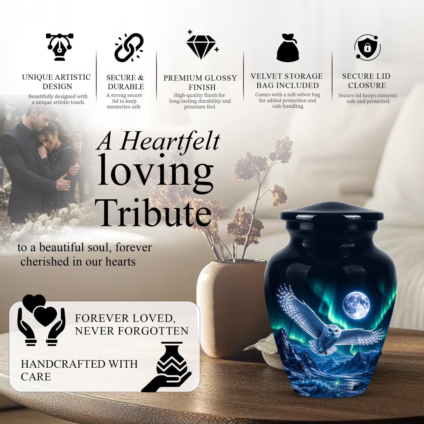 Flying Owl Adult Memorial Urn - Artistic Handcrafted Burial Urns For Ashes