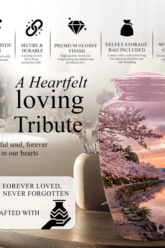 Pink Spring Tree Cremation Urns - Beautiful Nature Sunset Burial Urns
