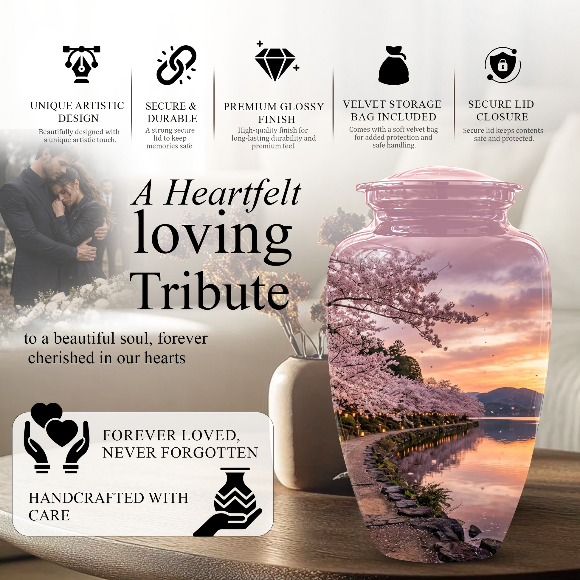 Pink Spring Tree Cremation Urns - Beautiful Nature Sunset Burial Urns