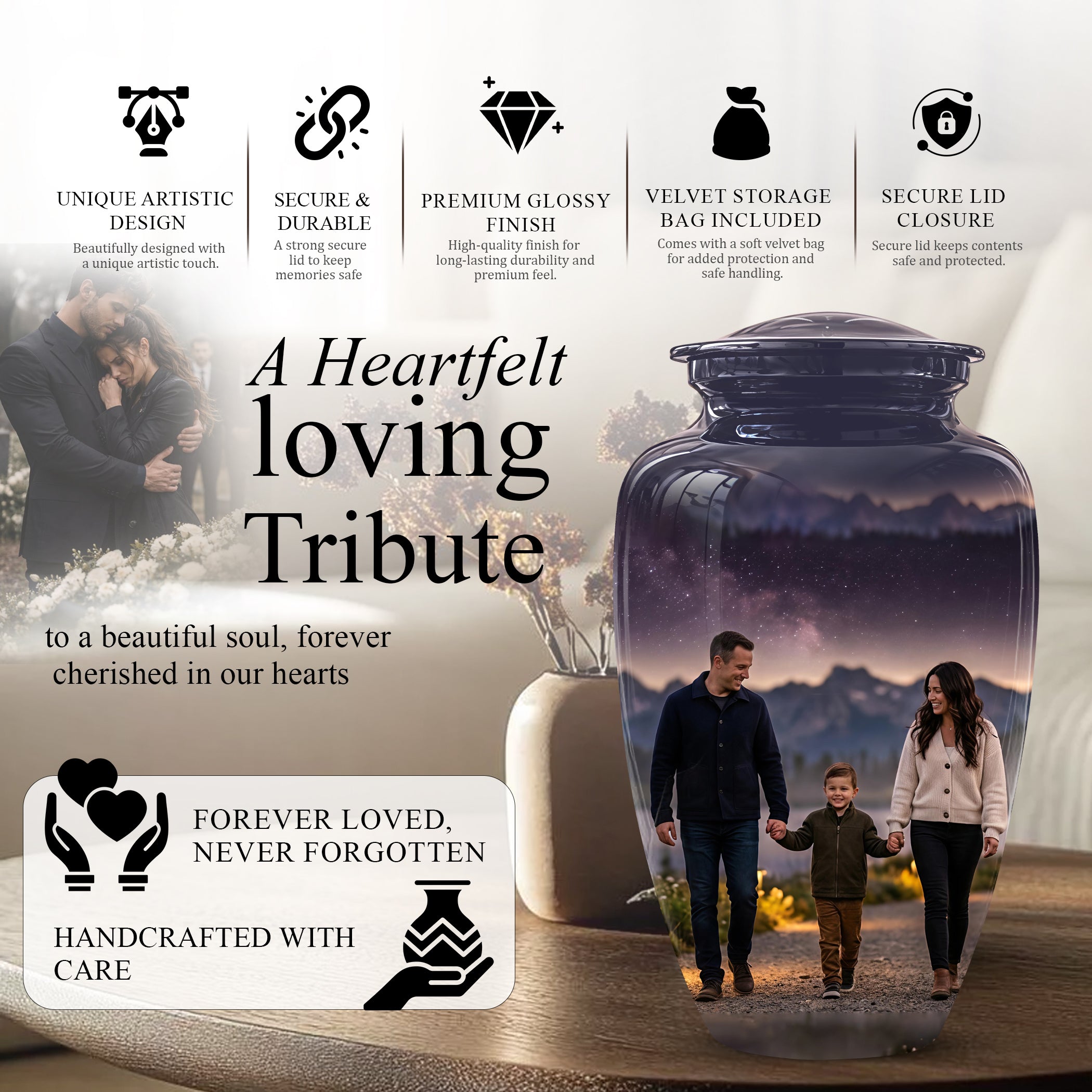 Father, Son & Mother Memorial Urn - Beautiful Tribute Urns For Loved Ones