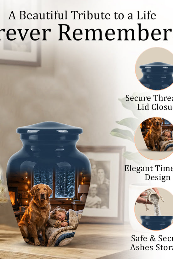 Golden Retriever Dog With Child - Beautiful Custom Pet Urns For Ashes
