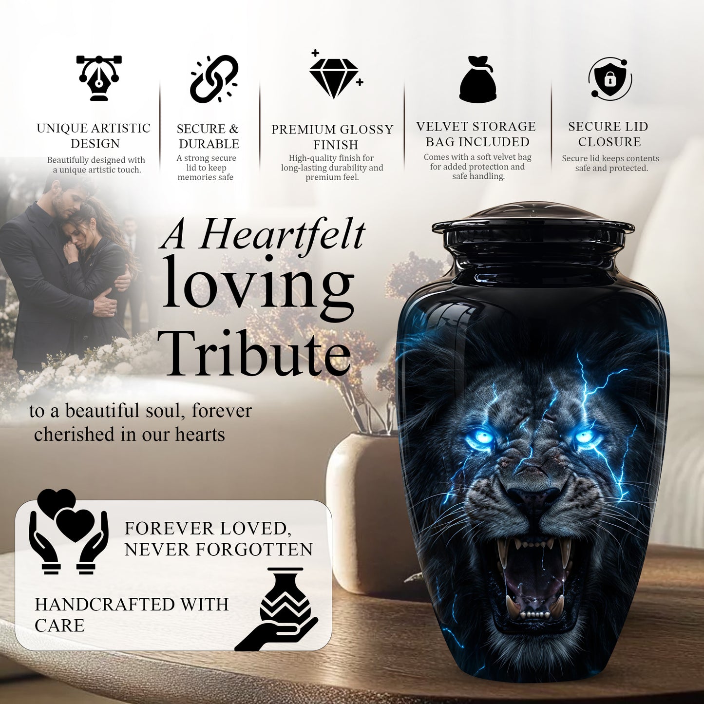 Black Lion Memorial Urns - Custom Handmade Burial Urns For Human Ashes