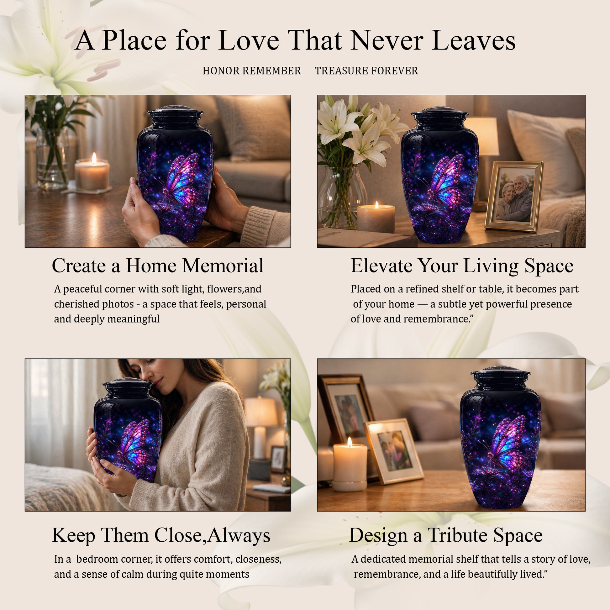 Glowing Purple Butterfly Cremation Urn - Custom Urns For Women Ashes
