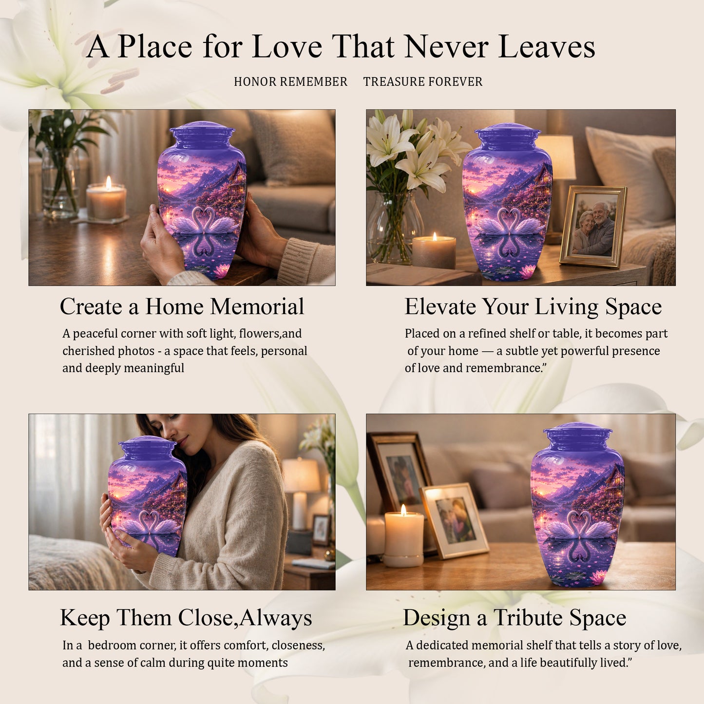 Couple Swan Cremation Urn - Purple Memorial Urns For Loved Ones Ashes