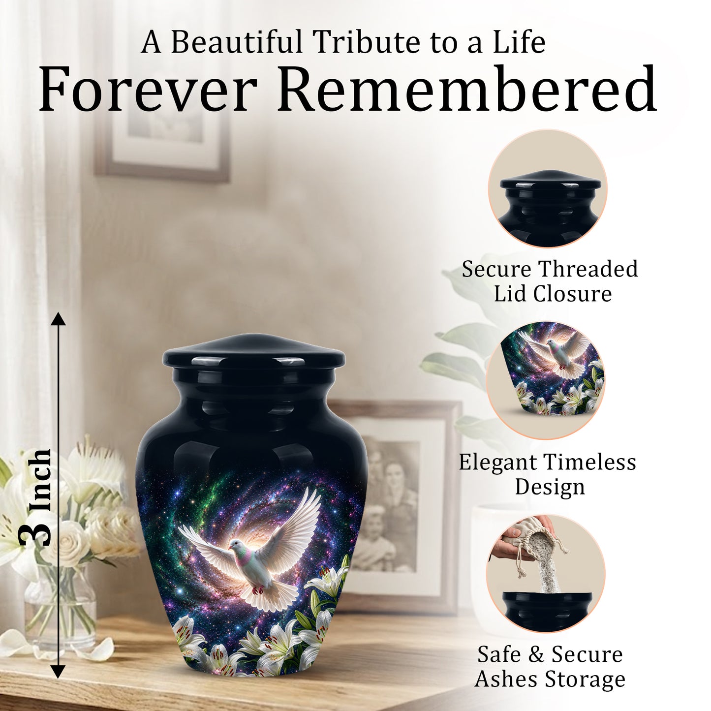 White Flying Dove Cremation Urn - Personalized Black Memorial Urns