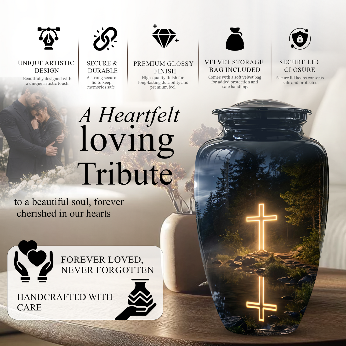 Glowing Cross In Forest - A Peaceful Tribute For Spiritual Human Ashes