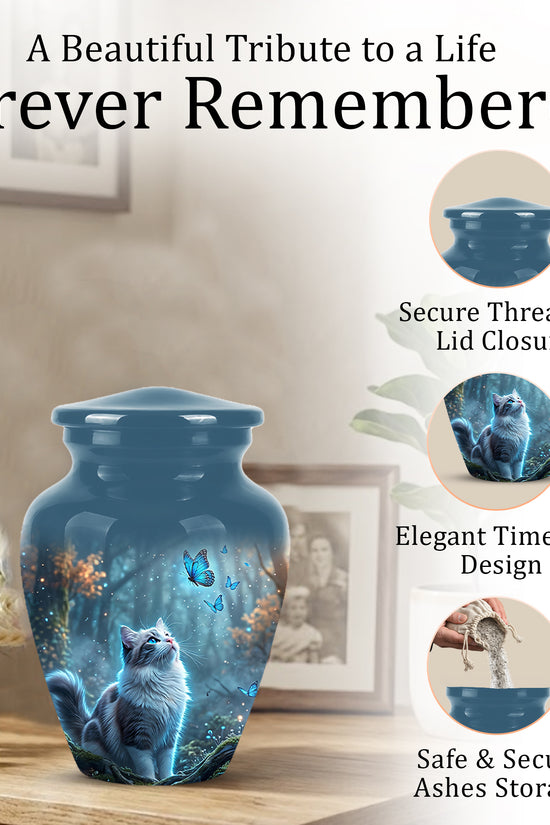 White Cat With Flying Butterfly - Custom Handcrafted Urns For Humans