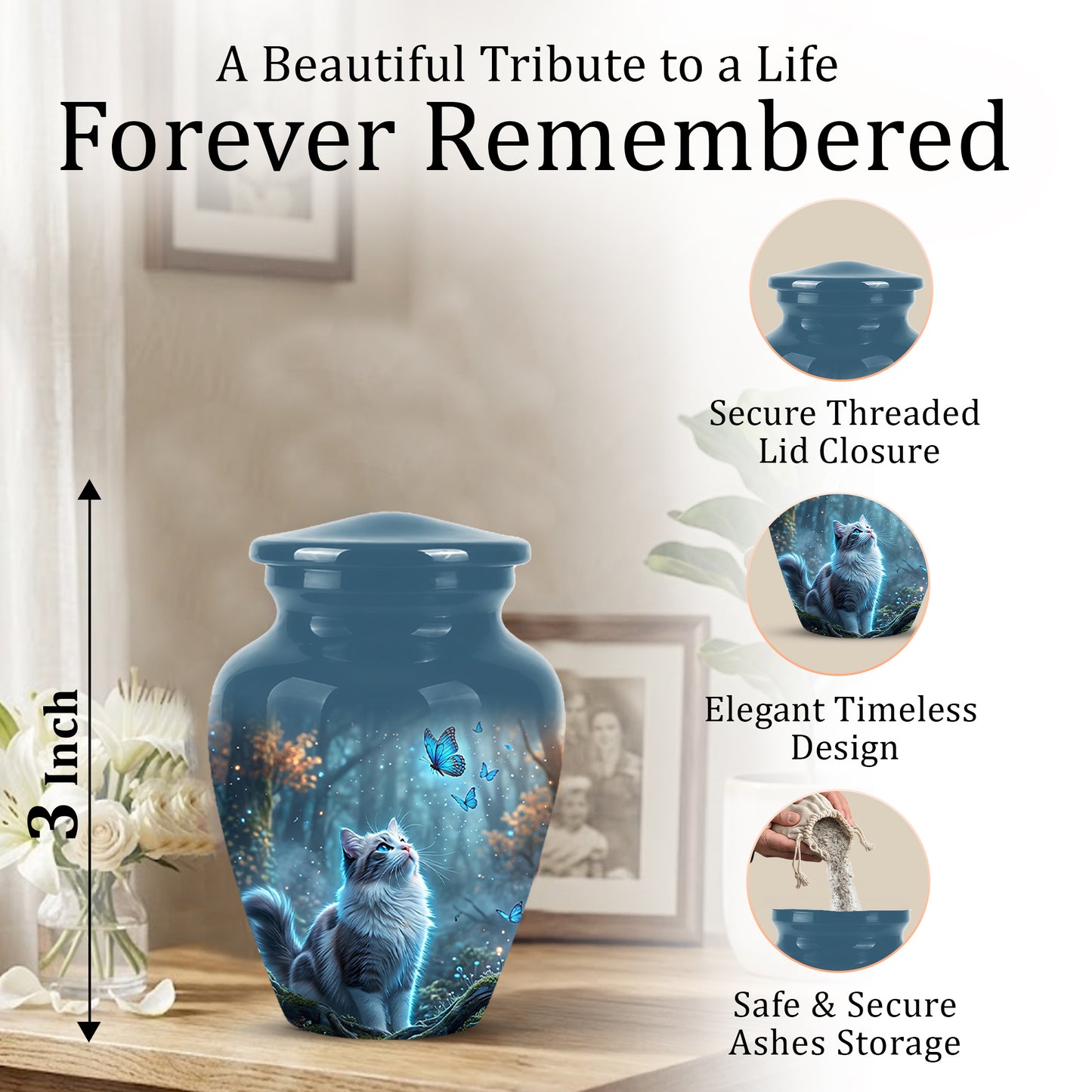 White Cat With Flying Butterfly - Custom Handcrafted Urns For Humans