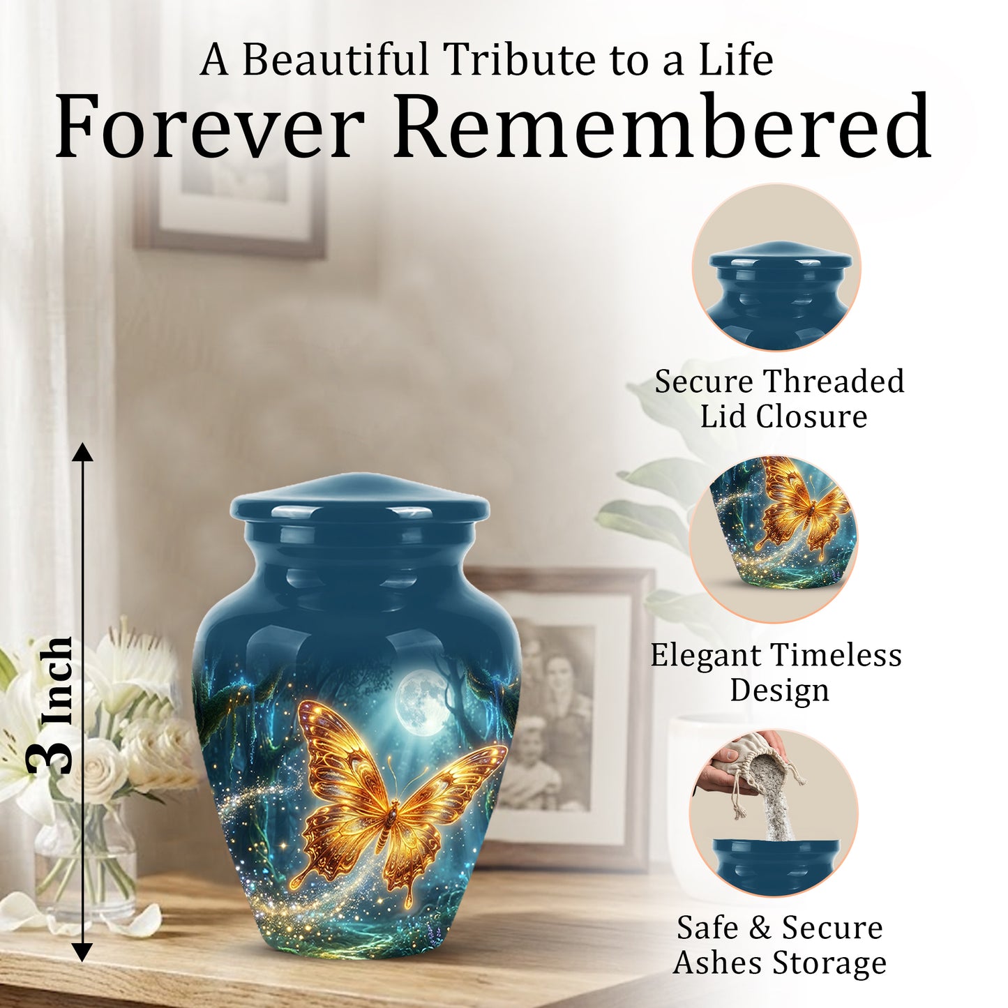 Glowing Yellow Butterfly Themed Urn - Moonlight Memorial Urns For Ashes