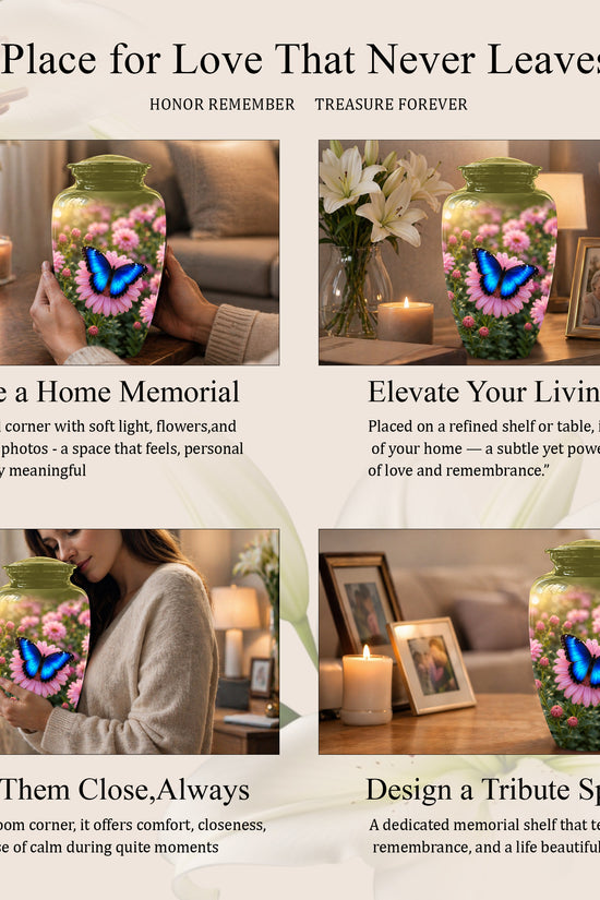 Personalized Blue Butterfly Urn - Pink Flower Memorial Urns For Ashes