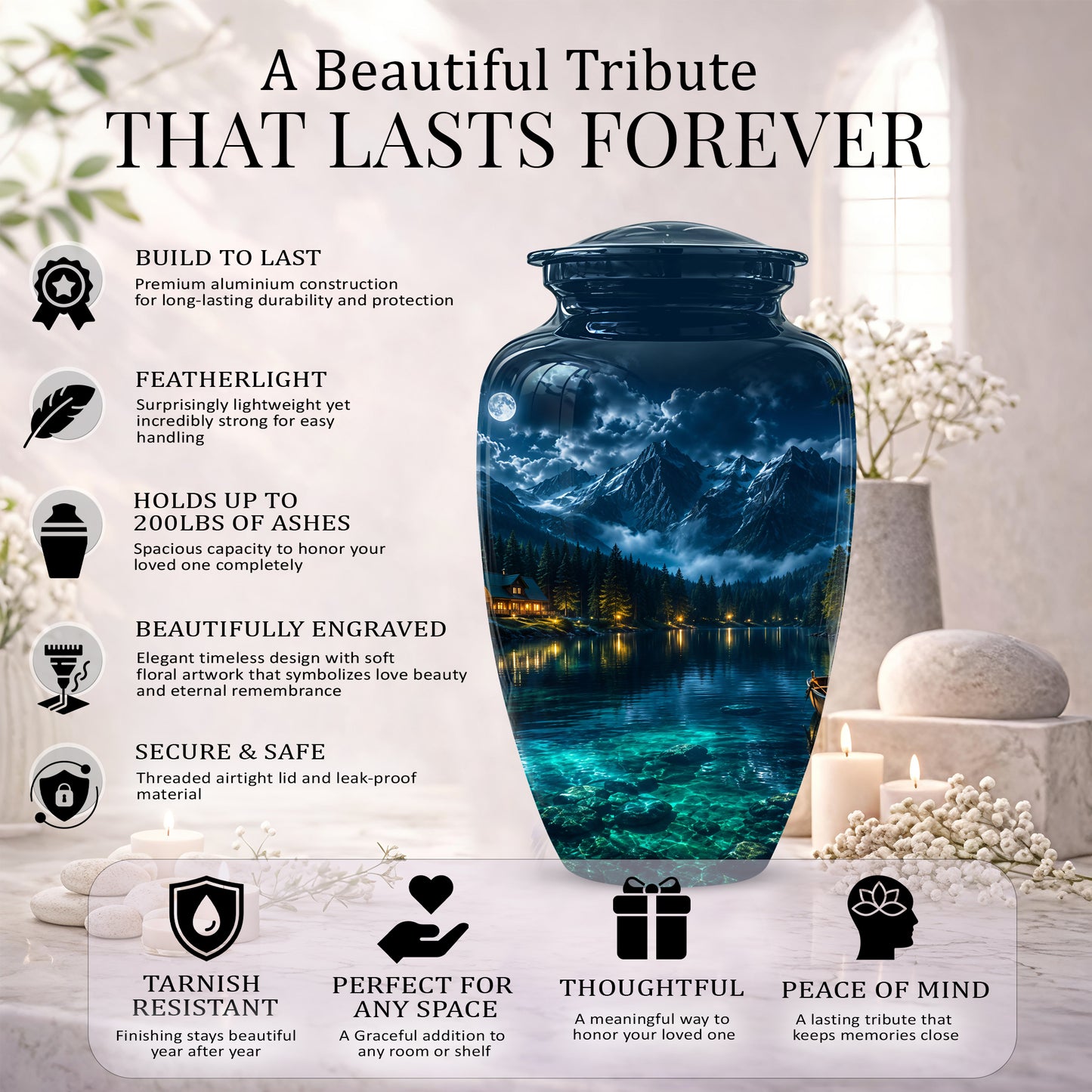 Mountain Lake Cremation Urn - Night Landscape Urns For Human Ashes