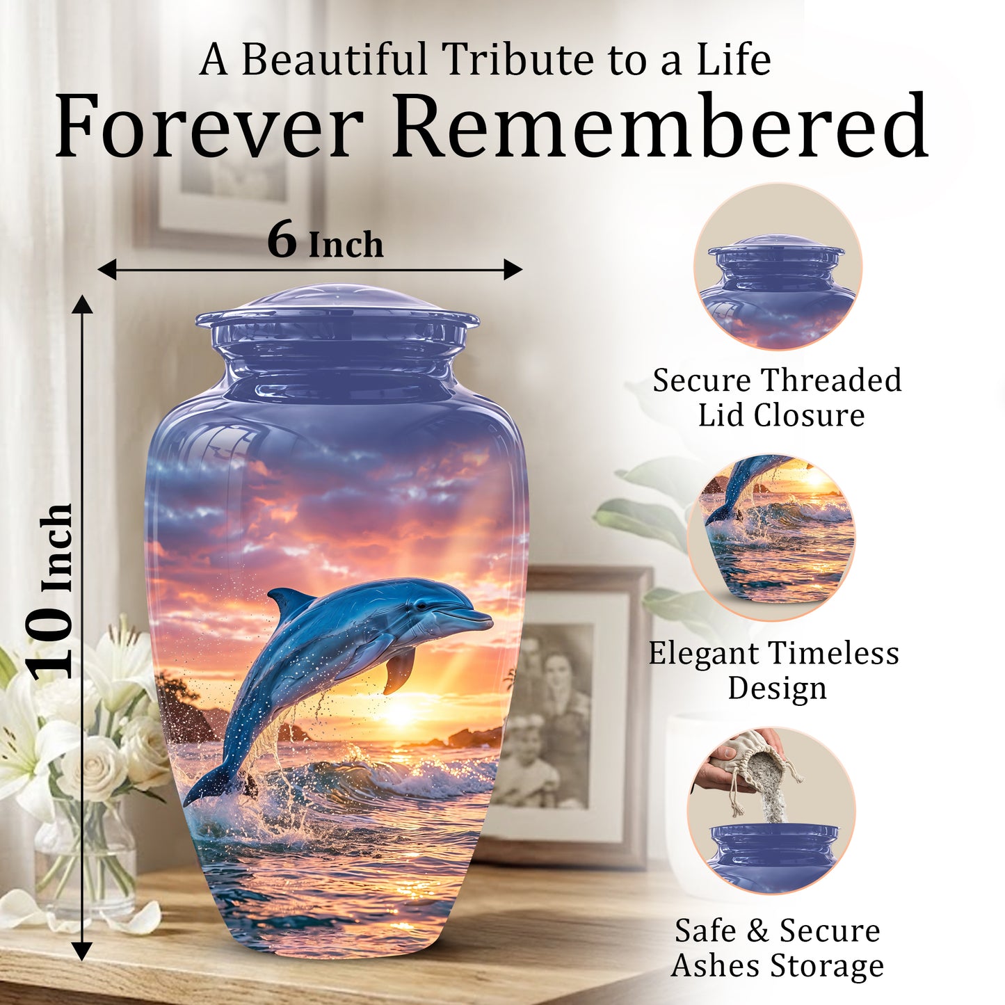 Blue Dolphin Themed Urn - Sunset Custom Funeral Urns For Human Ashes