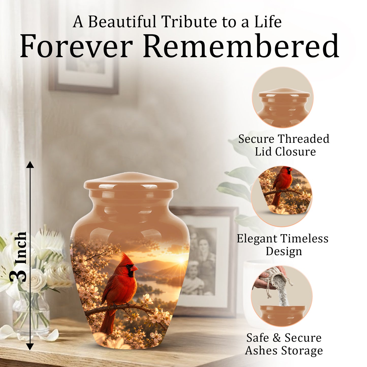 Red Cardinal Bird - Beautiful Sunset Scenic Burial Urns For  Ashes