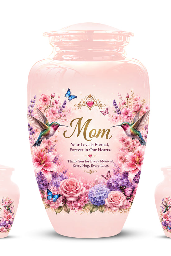 Hummingbird Floral Memorial Urn for Mother – Pink Aluminium Cremation Urn for Loved ones