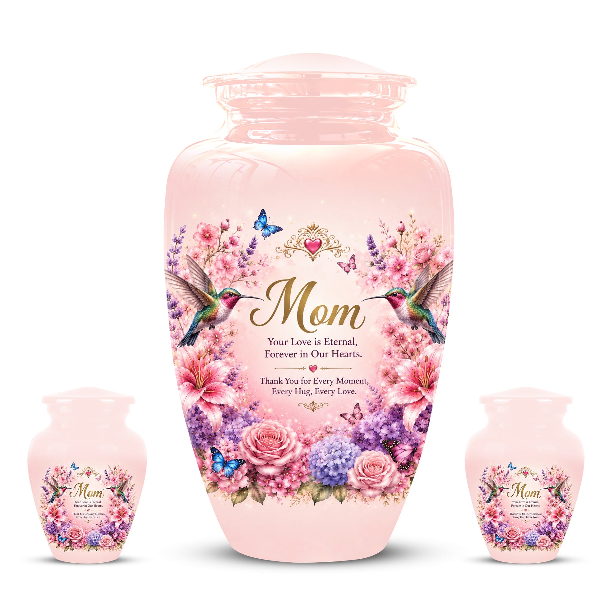 Hummingbird Floral Memorial Urn for Mother – Pink Aluminium Cremation Urn for Loved ones