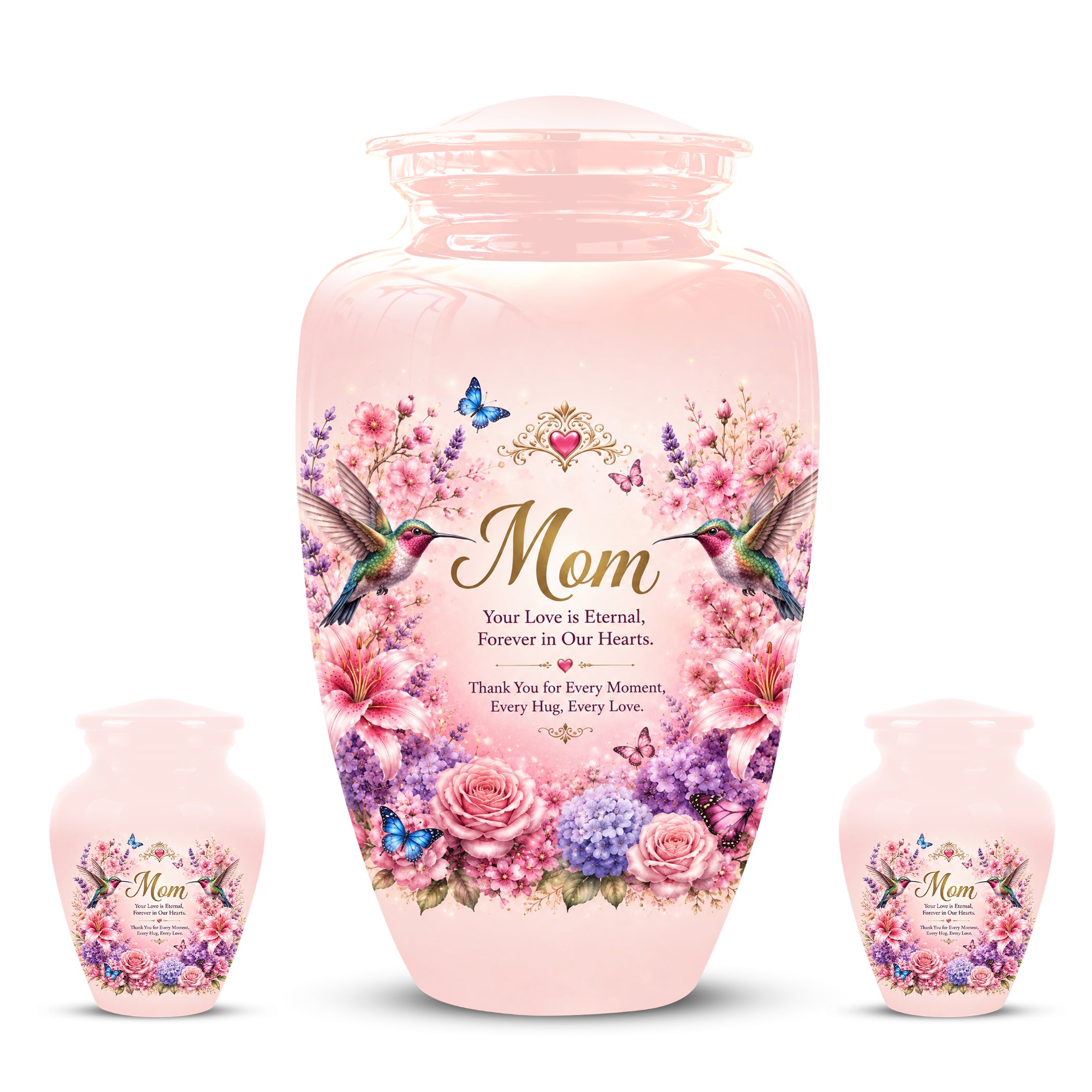 Hummingbird Floral Memorial Urn for Mother – Pink Aluminium Cremation Urn for Loved ones