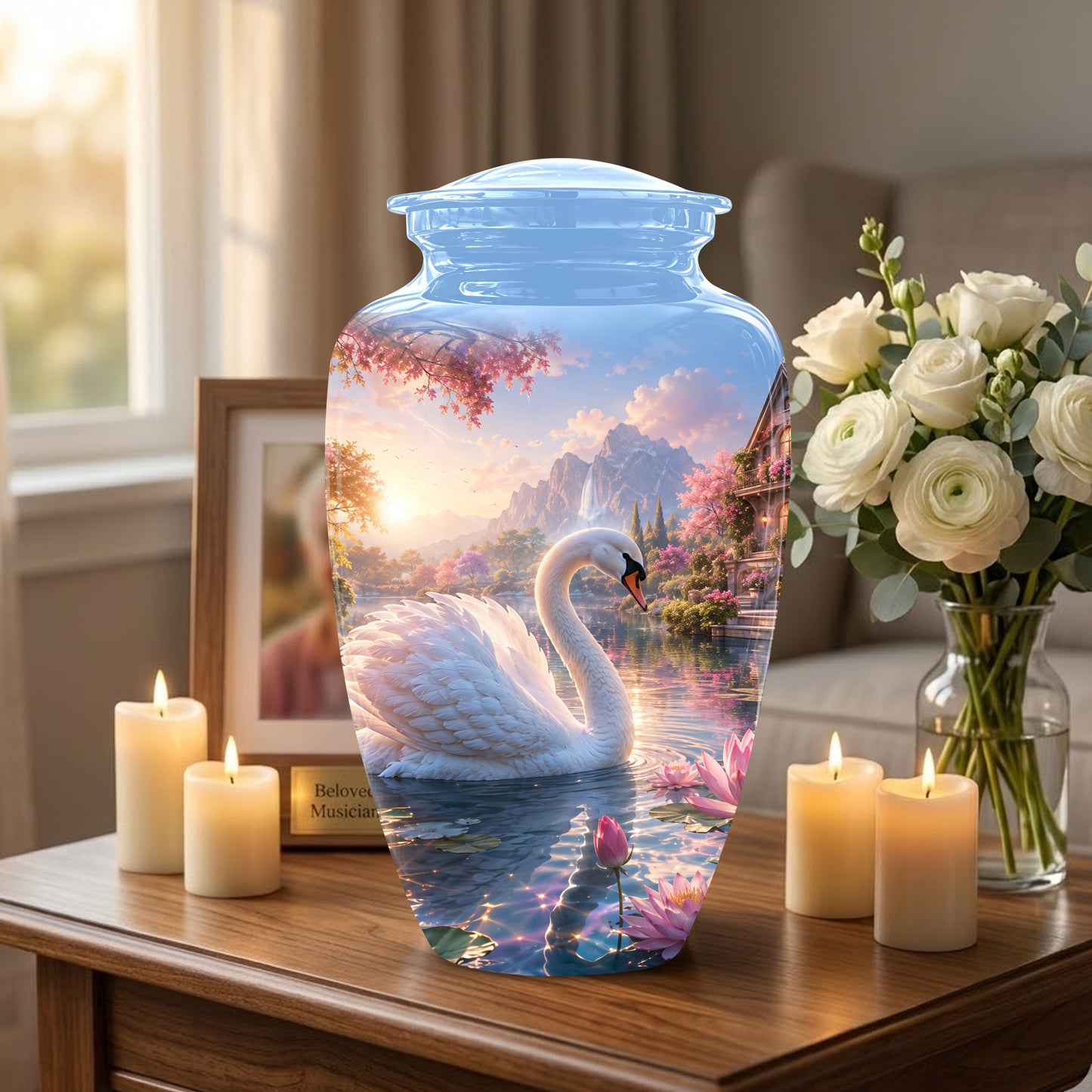 White Swan Themed Urn - Beautiful Custom Memorial Urns For Men & Women