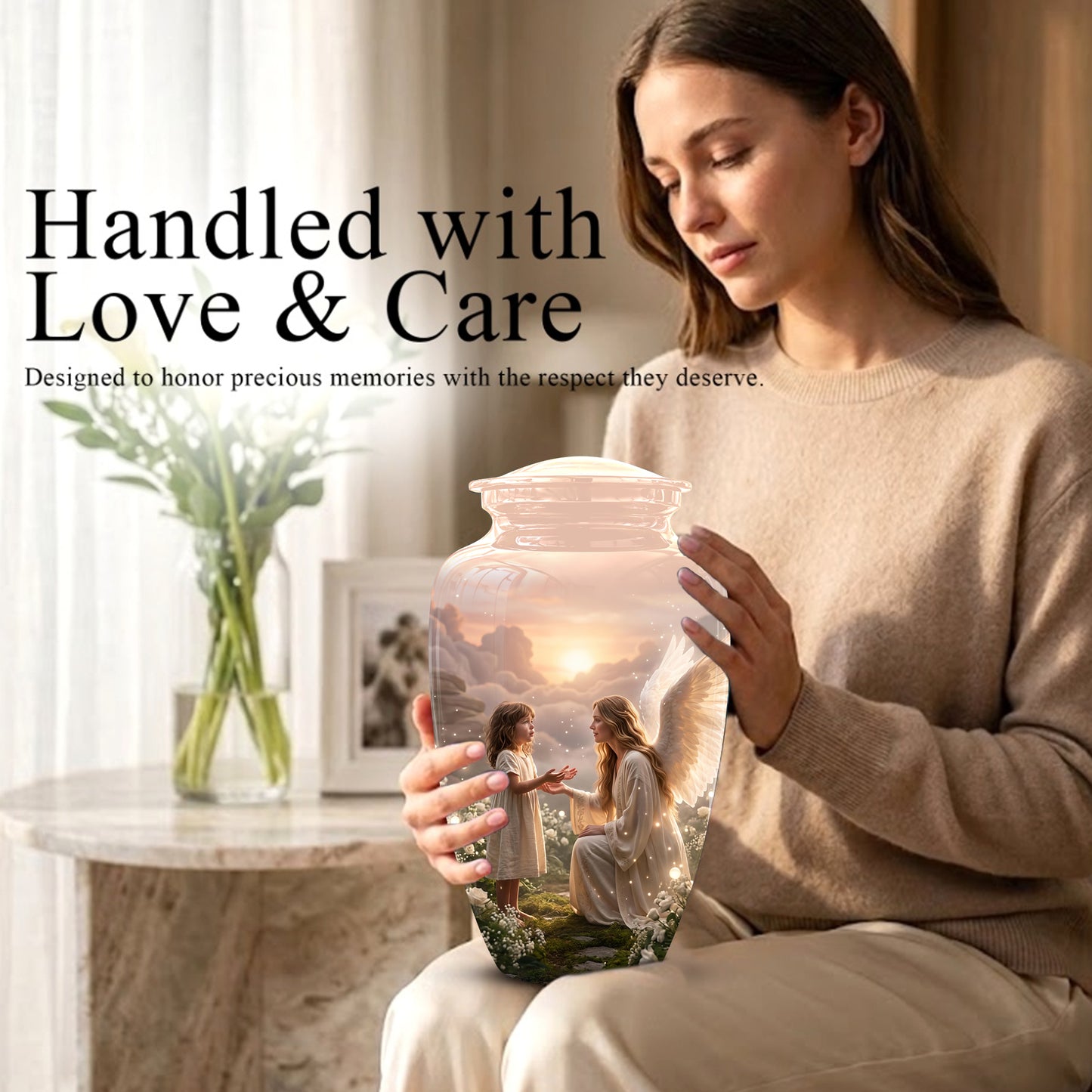 Angel Mom With Girl Child - Beautiful Artistic Custom Urns For Mom Ashes