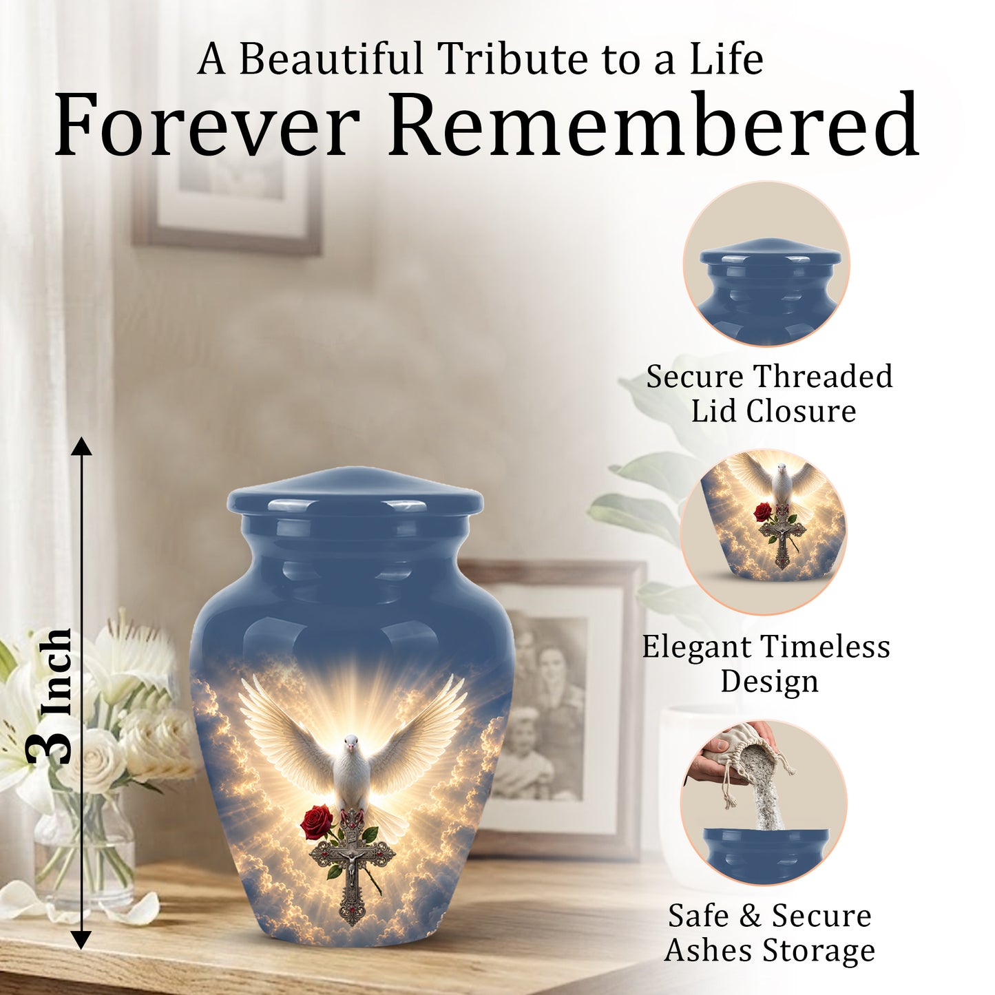 White Dove Bird With Rose - Blue Memorial Urns For Human Ashes