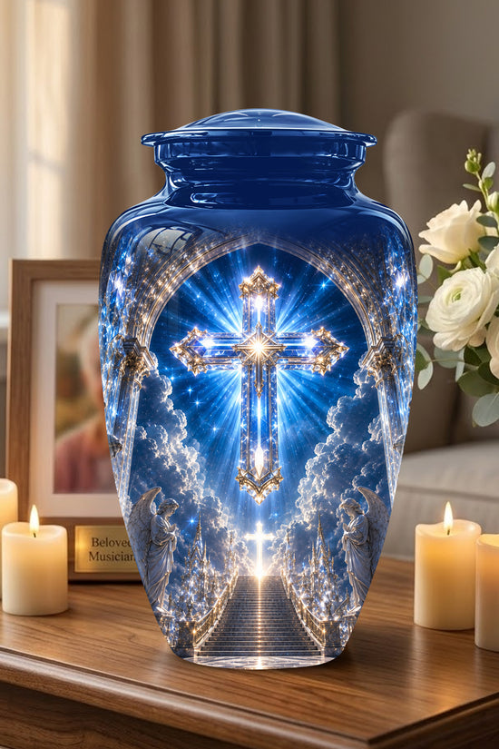 Heavenly Cross Cremation Urn – Blue Memorial Urn For Human Ashes