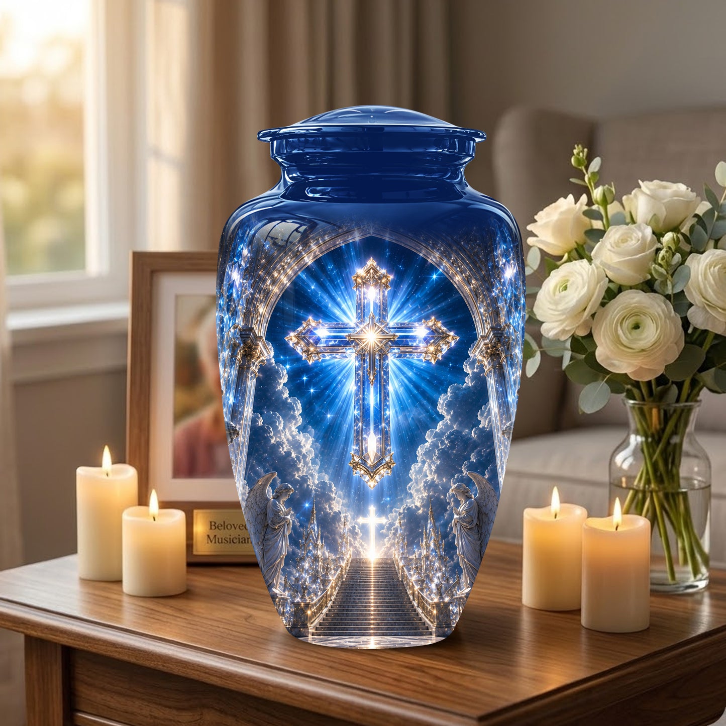 Heavenly Cross Cremation Urn – Blue Memorial Urn For Human Ashes