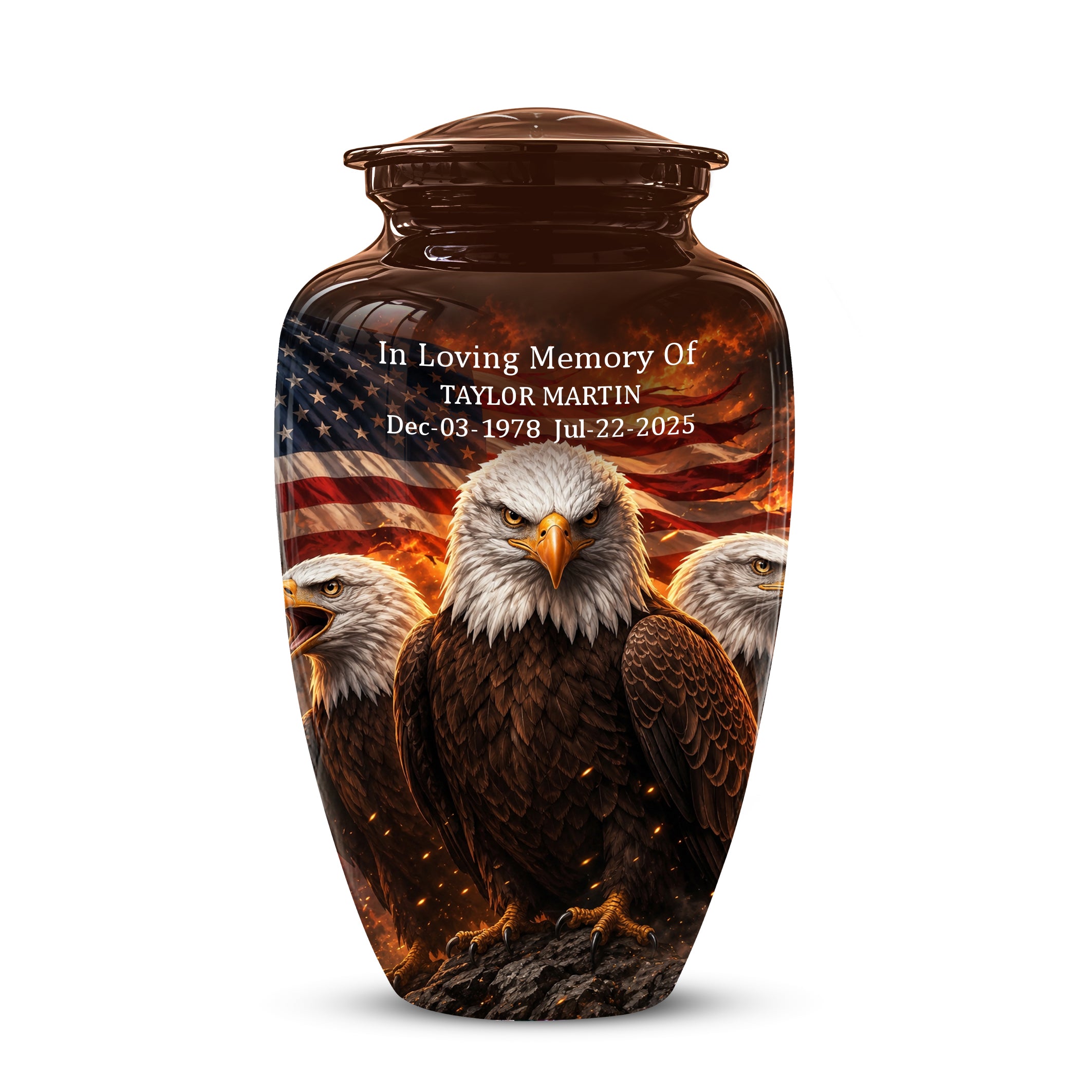 Bald Eagle & American Flag Funeral Urn - Patriotic Veteran Memorial Urn
