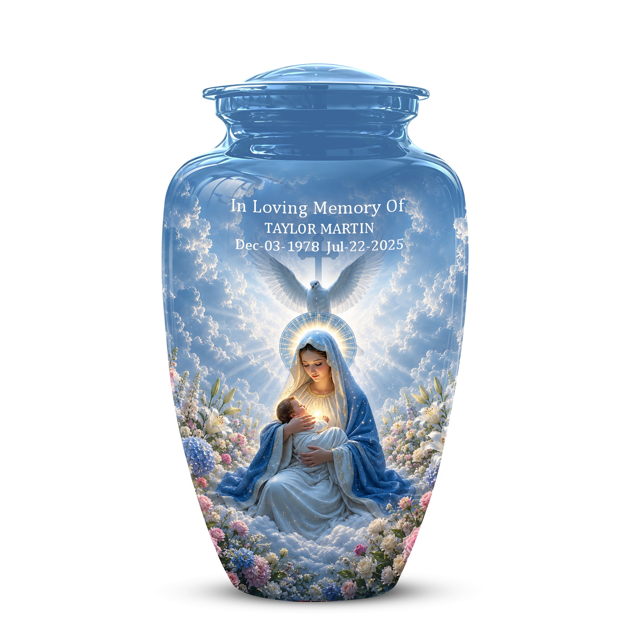 Angel Mom With Baby Jesus Urn - White Dove Funeral Urns For Mom Ashes