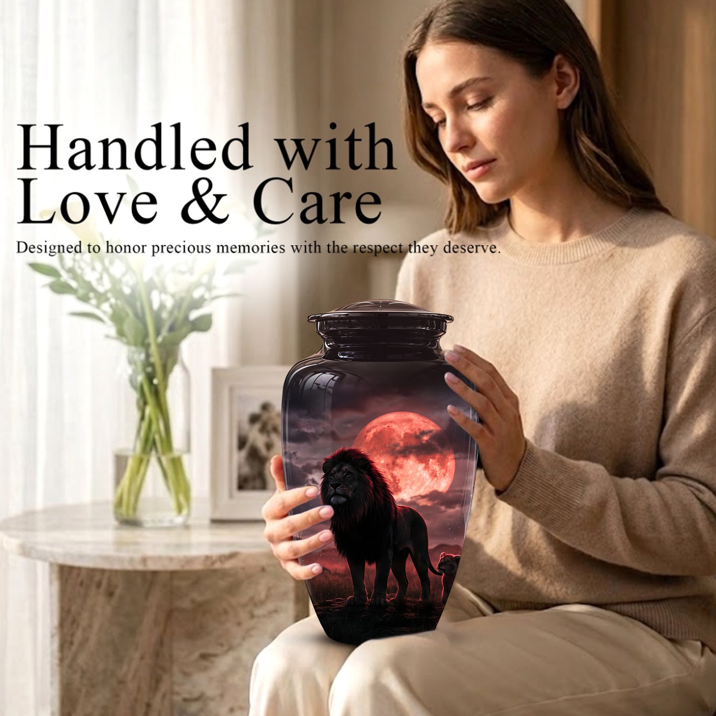 Lion Themed Cremation Urns - Blood Moon Scenic Urns For Loved Ones