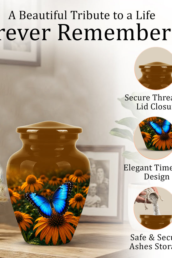 Blue Butterfly On Flower Cremation Urn - Personalized Urns For Mom Ashes