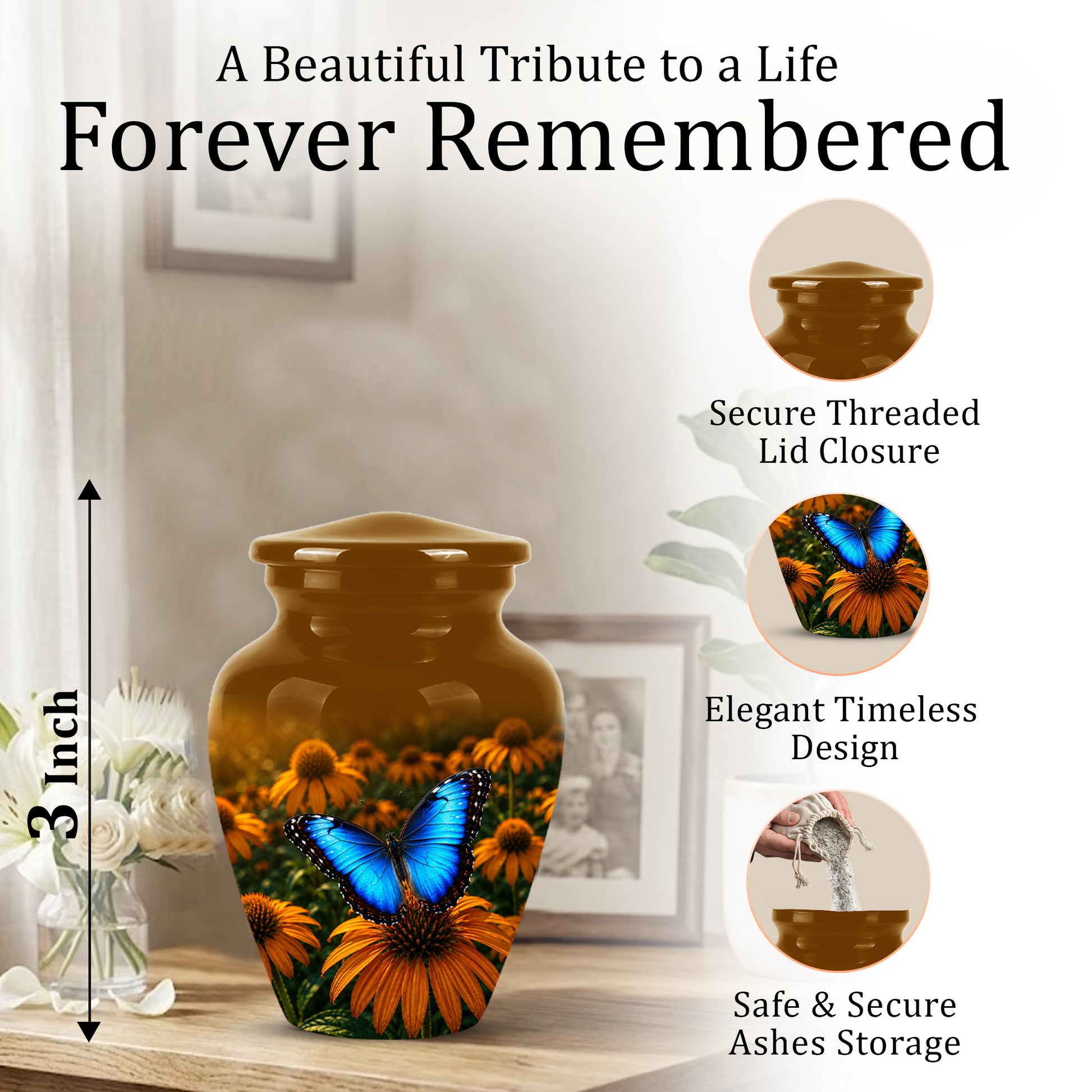 Blue Butterfly On Flower Cremation Urn - Personalized Urns For Mom Ashes