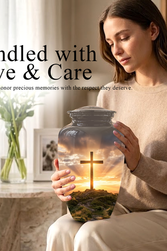 Christian Cross Cremation Urn - Sunrise Scenic Burial Urns For Human Ashes