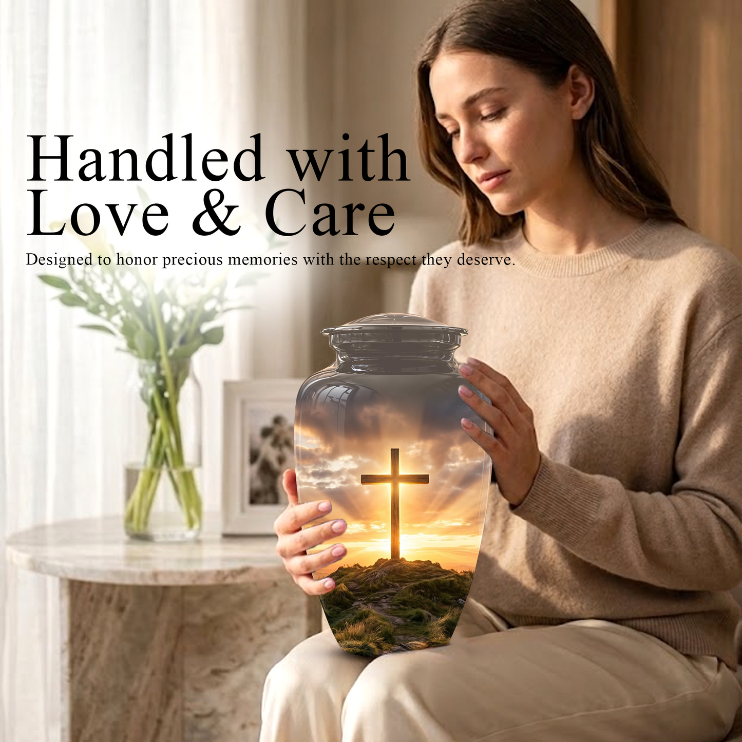 Christian Cross Cremation Urn - Sunrise Scenic Burial Urns For Human Ashes