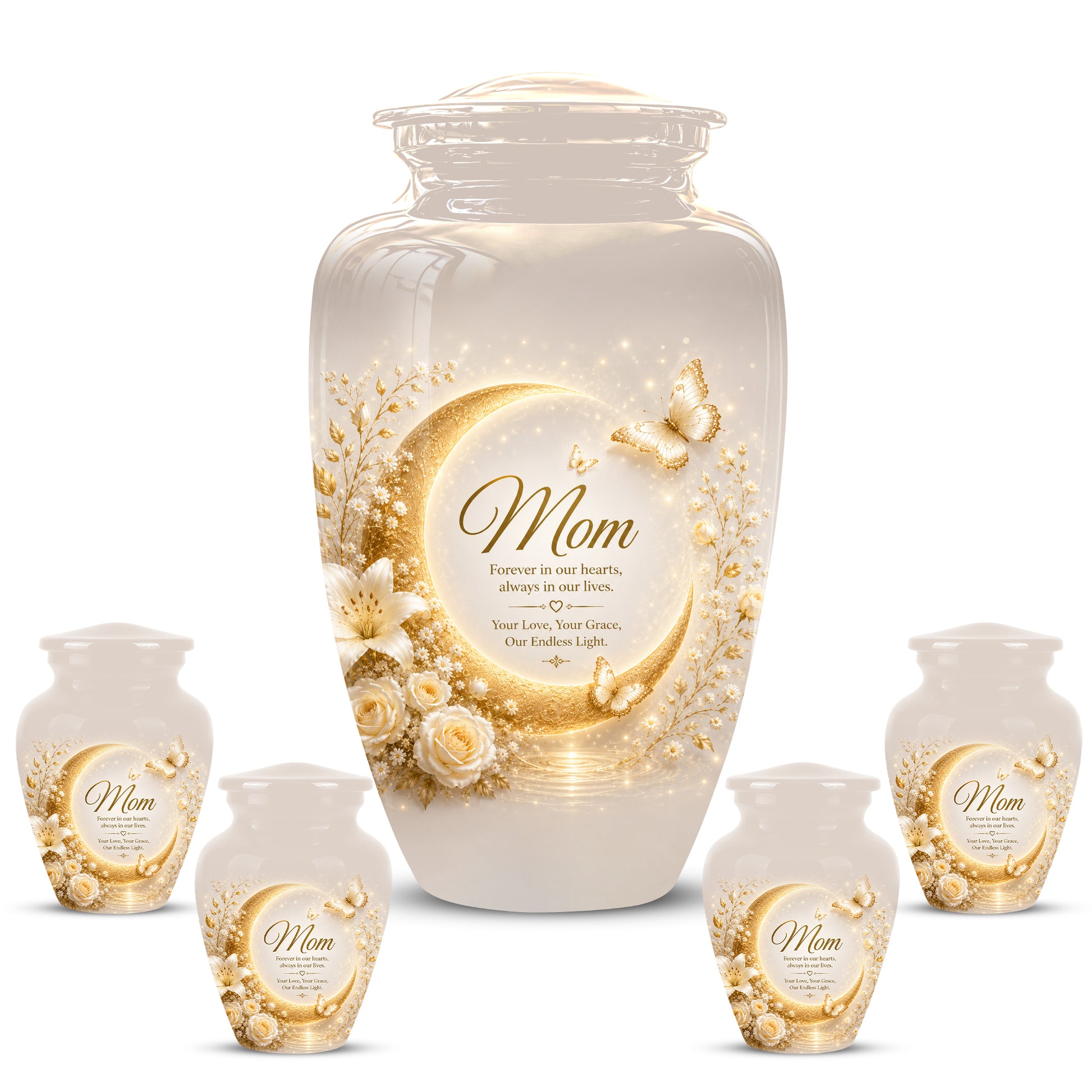 Floral Memorial Urn for Mom – White Aluminium Cremation Urn for Ashes
