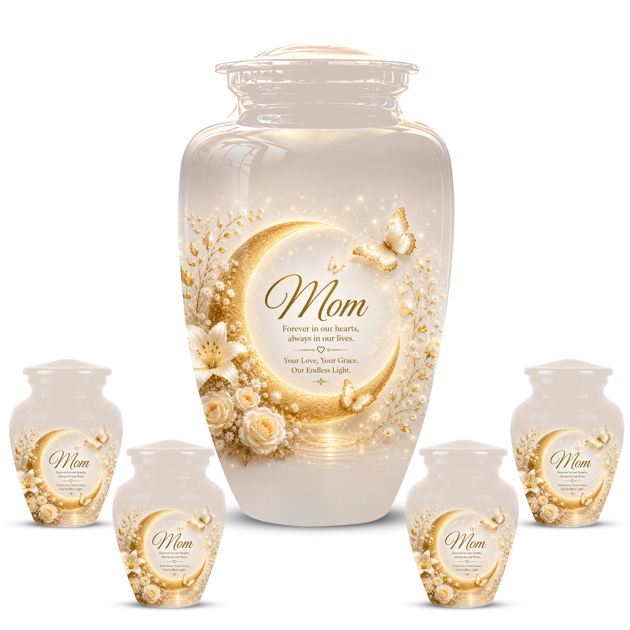Floral Memorial Urn for Mom – White Aluminium Cremation Urn for Ashes