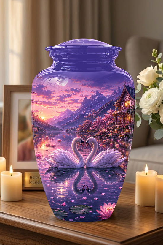 Couple Swan Cremation Urn - Purple Memorial Urns For Loved Ones Ashes