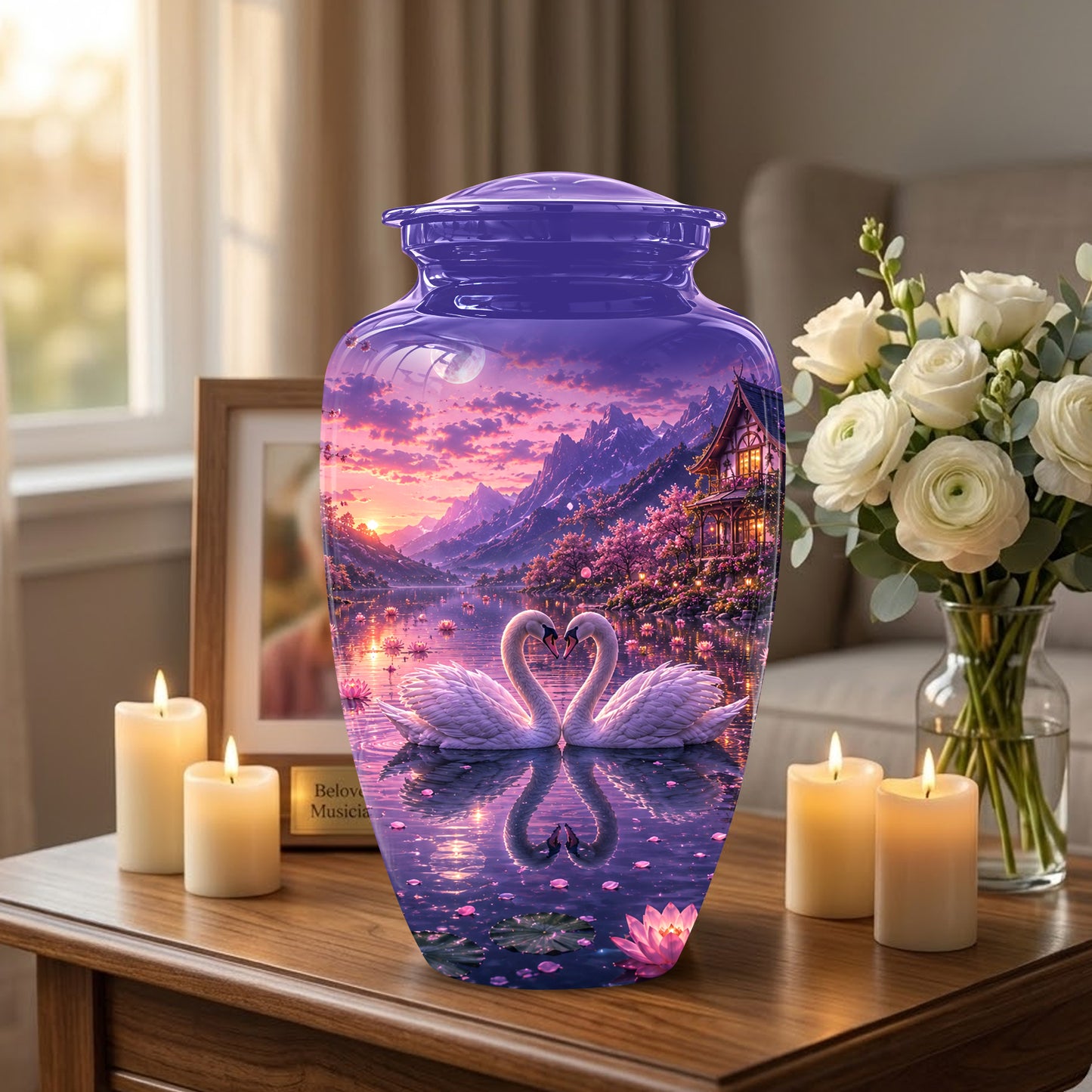 Couple Swan Cremation Urn - Purple Memorial Urns For Loved Ones Ashes