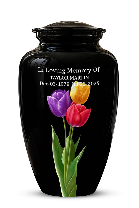 Colorful Tulips Flower Cremation Urn - Personalized Black Urns On Sale
