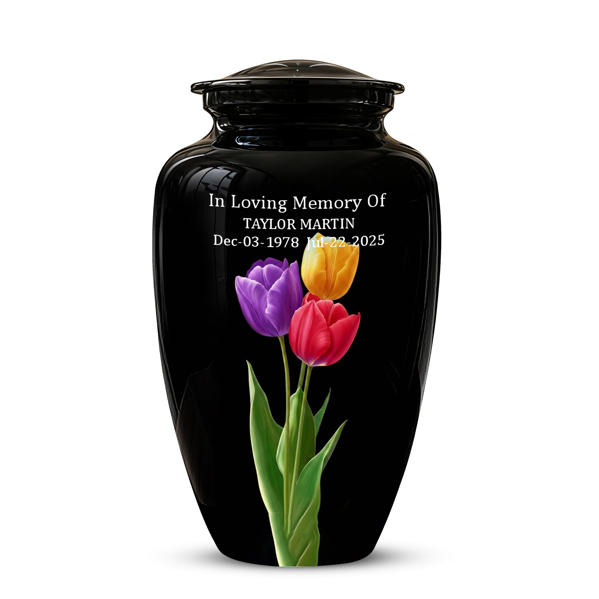 Colorful Tulips Flower Cremation Urn - Personalized Black Urns On Sale