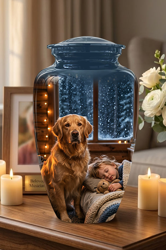 Golden Retriever Dog With Child - Beautiful Custom Pet Urns For Ashes